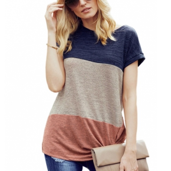 Colorblock Tee Knot Front Knit Top Shirt - Picture 5 of 6